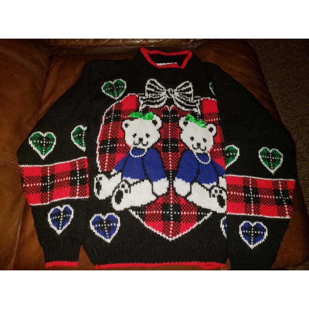 Vintage Black Teddy Bear sweater by Heartworks child size 6X rare EUC